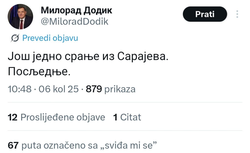 Dodik na X: Još jedno…